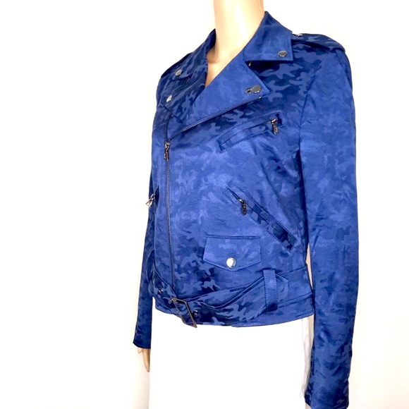 Anne Klein Blue Camouflage Moto Biker Zip Front Buckle Front Jacket Size 8 - Picture 4 of 7